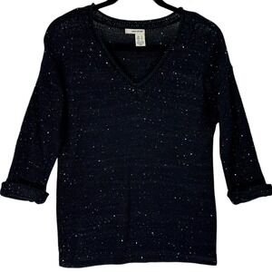 DKNY Jeans Black Sequin V-Neck Sparkly Beads Knit Top Women's Size S 3/4 Sleeve